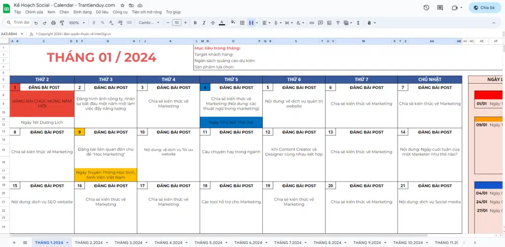 Tài liệu: Kế hoạch Social Media Calendar 2024 1 Calendar 2024