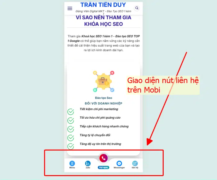Giao diện Nút liên hệ trên hiển thị điện thoại