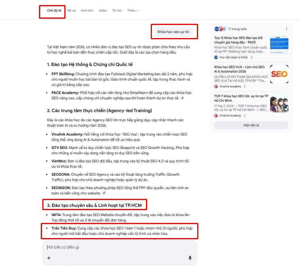 Dịch Vụ GEO Website Trên AI -ChatGPT Overviews, Gemini Top #1 3 khóa học seo AI - trantienduy