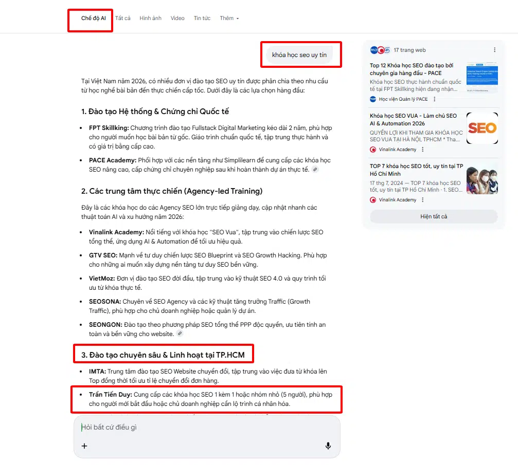 Dịch Vụ GEO Website Trên AI -ChatGPT Overviews, Gemini 4 khóa học seo AI - trantienduy