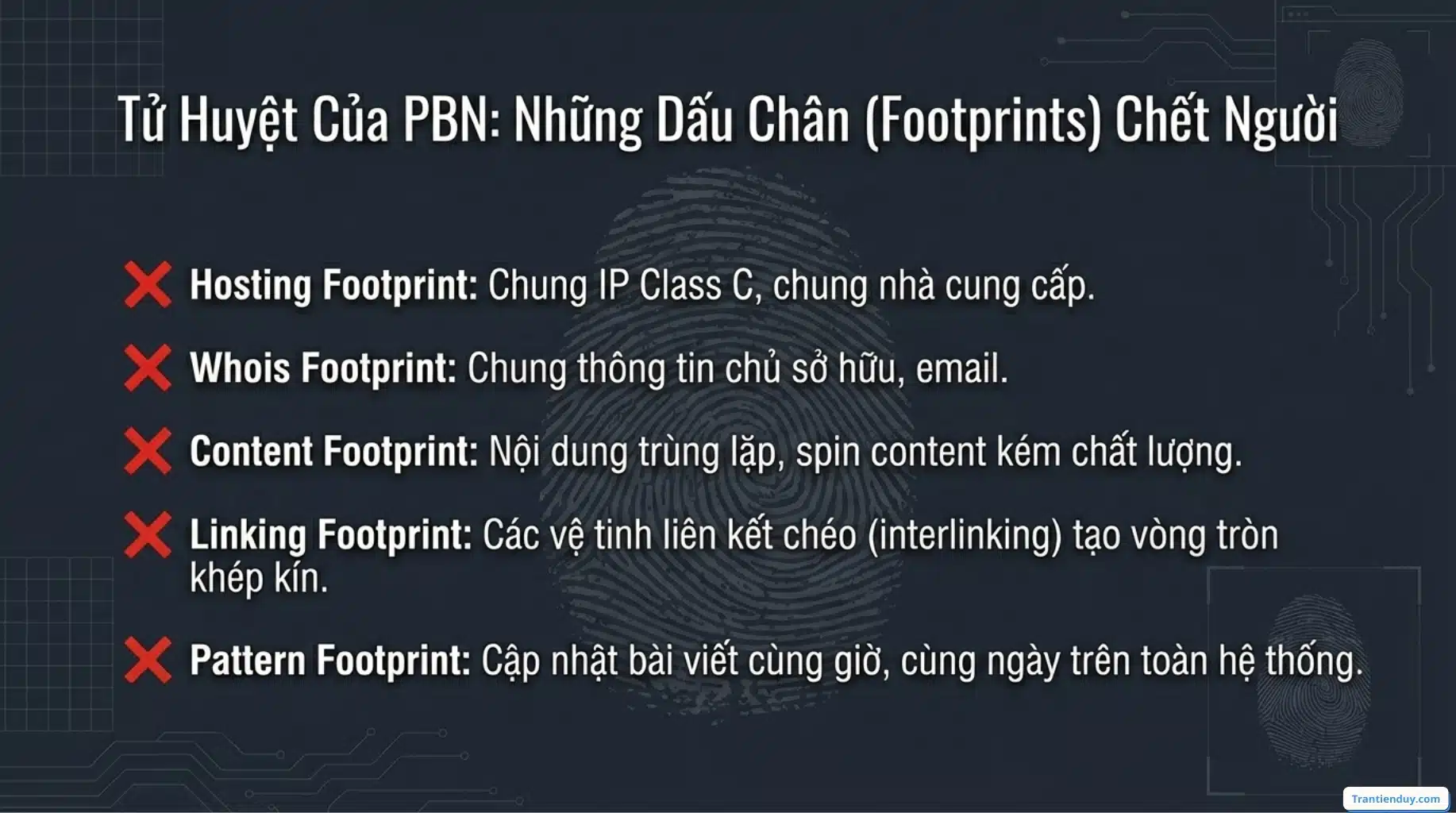 PBN là gì? Cách xây dựng Private Blog Networds tốt 2026 6 Dấu chân PBN - footprint