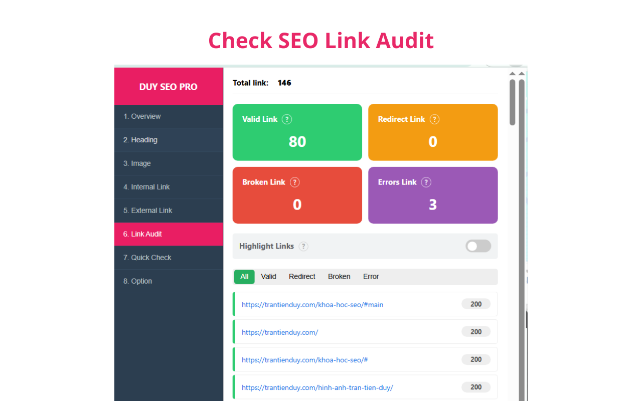 Chrome Extension - Add on DUY SEO PRO 7 Tab Link Audit – "Bác sĩ" bắt bệnh liên kết hỏng