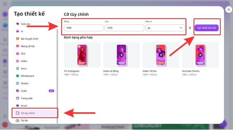 Cách tạo video trên Canva cho TikTok, Reels và YouTube Shorts 4 Tạo thiết kế video dọc với kích thước tùy chỉnh 1080 x 1920 px