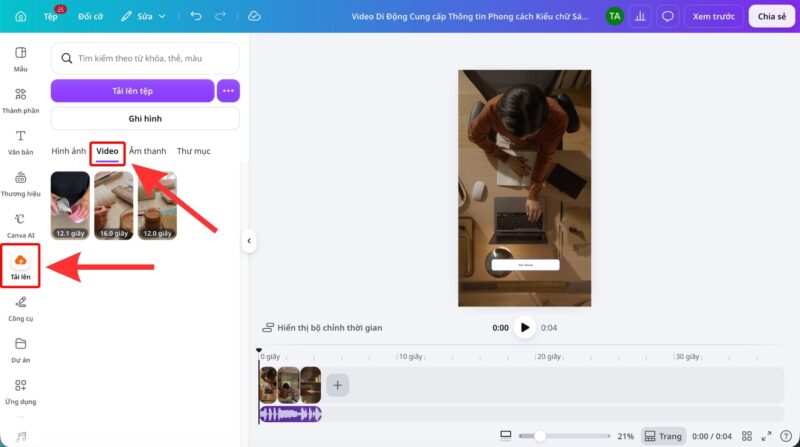 Cách tạo video trên Canva cho TikTok, Reels và YouTube Shorts 6 Tải video và các source cần sử dụng lên Canva