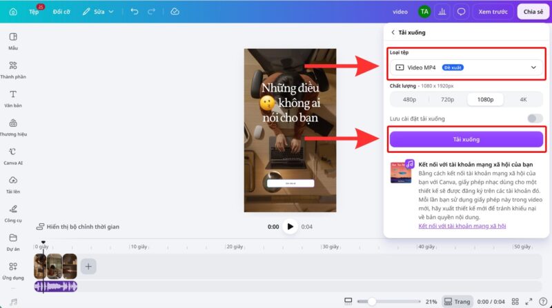 Cách tạo video trên Canva cho TikTok, Reels và YouTube Shorts 12 Chọn định dạng MP4 và tải video hoàn chỉnh xuống thiết bị
