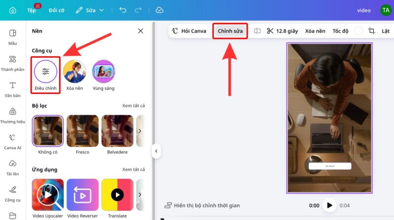 Cách tạo video trên Canva cho TikTok, Reels và YouTube Shorts 10 Dùng công cụ Điều chỉnh để tăng độ rõ và cải thiện chất lượng video
