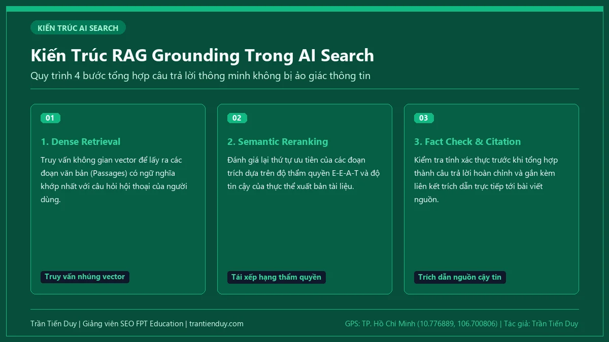 SEO là gì trong Marketing? Bản chất, quy trình và lộ trình nghề nghiệp 2026 7 Sơ đồ kiến trúc RAG 4 bước từ truy vấn vector đến trích dẫn nguồn trên công cụ tìm kiếm AI