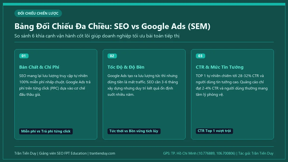 SEO là gì trong Marketing? Bản chất, quy trình và lộ trình nghề nghiệp 2026 9 Bảng đối chiếu đa chiều 6 tiêu chí giữa SEO tự nhiên và Quảng cáo trả phí Google Ads