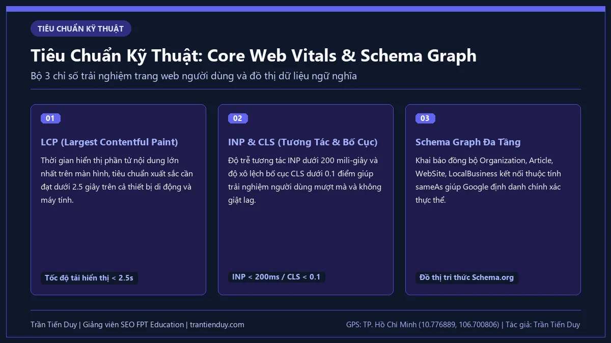 SEO là gì trong Marketing? Bản chất, quy trình và lộ trình nghề nghiệp 2026 12 Khung đo lường Core Web Vitals và kiến trúc đồ thị dữ liệu có cấu trúc Schema JSON-LD
