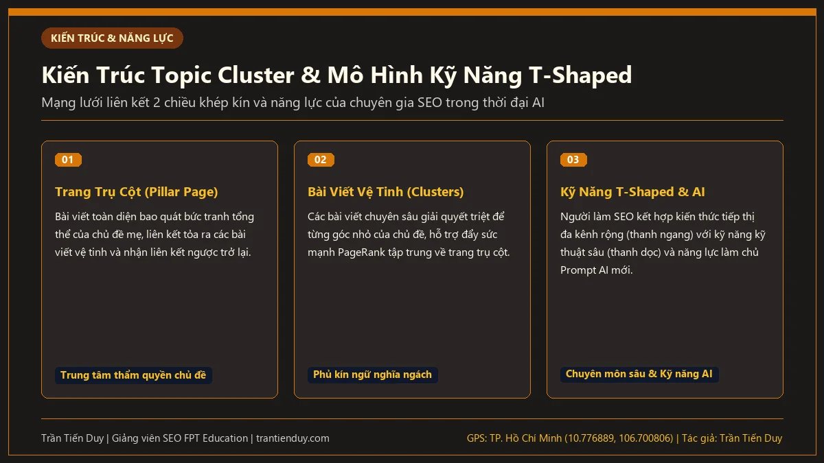 SEO là gì trong Marketing? Bản chất, quy trình và lộ trình nghề nghiệp 2026 17 Sơ đồ kiến trúc cụm chủ đề Topic Cluster và bản đồ năng lực hình chữ T của chuyên viên SEO