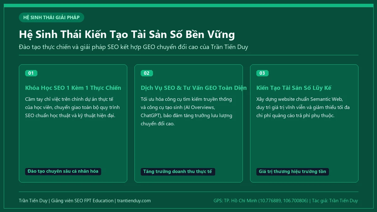 SEO là gì trong Marketing? Bản chất, quy trình và lộ trình nghề nghiệp 2026 19 Mô hình hệ sinh thái đào tạo và tư vấn chiến lược SEO bền vững của giảng viên Trần Tiến Duy