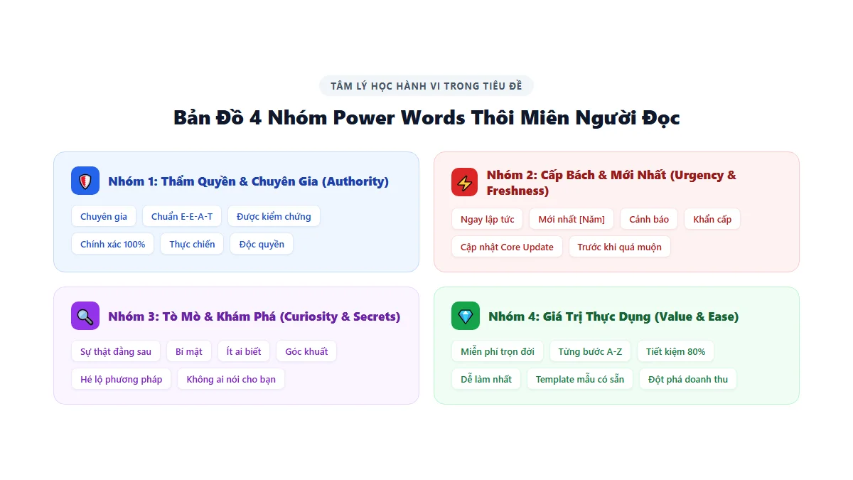 Công Thức Viết Tiêu Đề: 10 Mẫu Tăng CTR Đỉnh Cao Cho SEO Copywriting 5 Bản đồ phân nhóm Power Words từ ngữ quyền năng thôi miên kích thích tỷ lệ nhấp