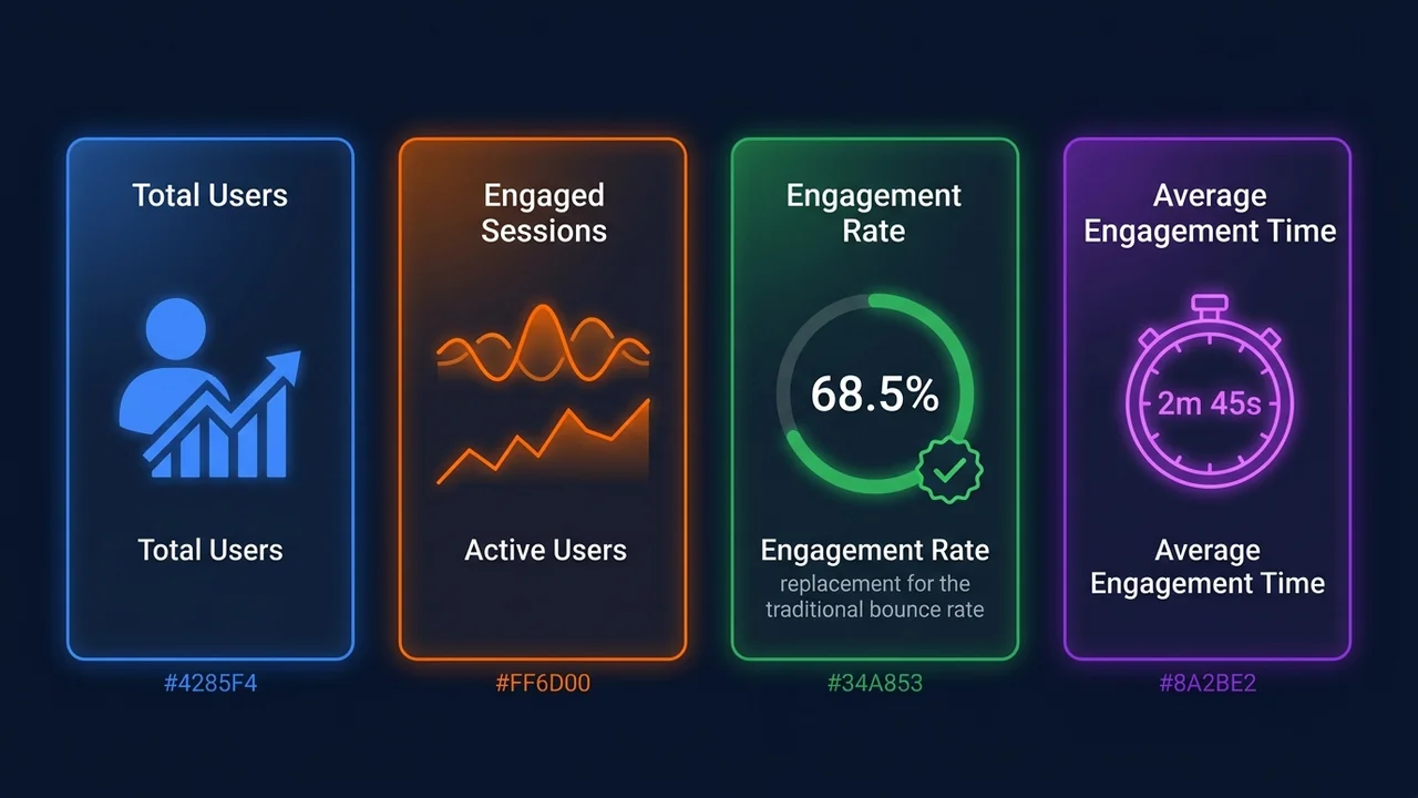 Bộ Tứ Chỉ Số Tương Tác Cốt Lõi Trên Google Analytics 4 Bộ chỉ số đo lường tương tác cốt lõi trên GA4 gồm Users Engaged Sessions Engagement Rate và Average Engagement Time