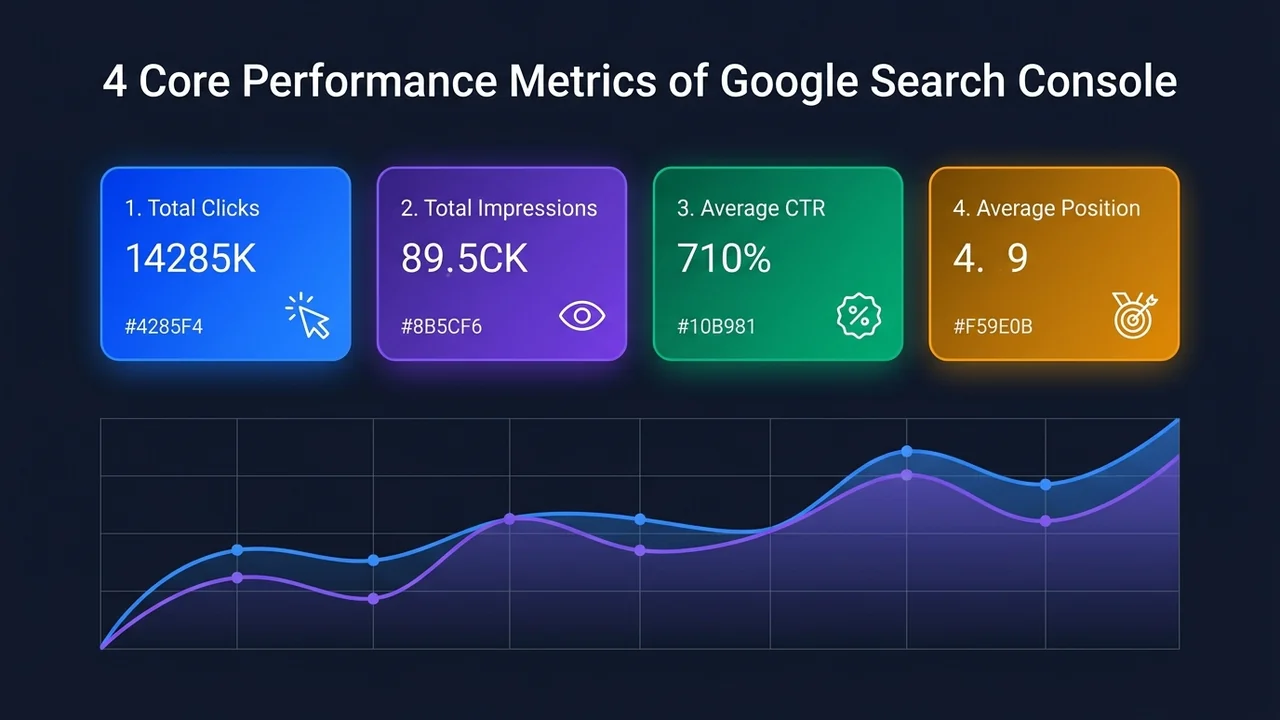 4 Chỉ Số Hiệu Suất Cốt Lõi Trên Google Search Console 4 chỉ số hiệu suất tìm kiếm cốt lõi trong Google Search Console gồm Clicks Impressions CTR và Vị trí trung bình