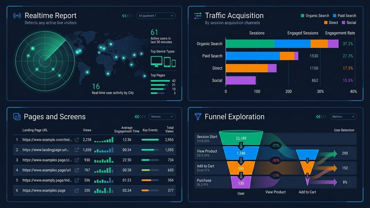 4 Nhóm Báo Cáo Chiến Lược Phân Tích Hành Vi Người Dùng GA4 4 nhóm báo cáo chiến lược trên Google Analytics 4 gồm Realtime Traffic Acquisition Pages and Screens và Funnel Exploration