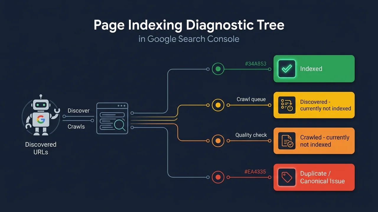 Sơ Đồ Chẩn Đoán Lỗi Lập Chỉ Mục Page Indexing Google Search Console Sơ đồ chẩn đoán và khắc phục lỗi lập chỉ mục Page Indexing Googlebot Crawled not indexed Discovered not indexed