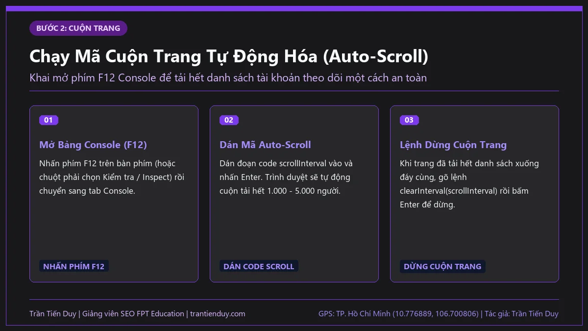 Cách Hủy Theo Dõi Hàng Loạt Người Dùng Trên Facebook Nhanh Nhất 7 Chạy Mã Cuộn Trang Tự Động Hóa (Auto-Scroll) - Trần Tiến Duy