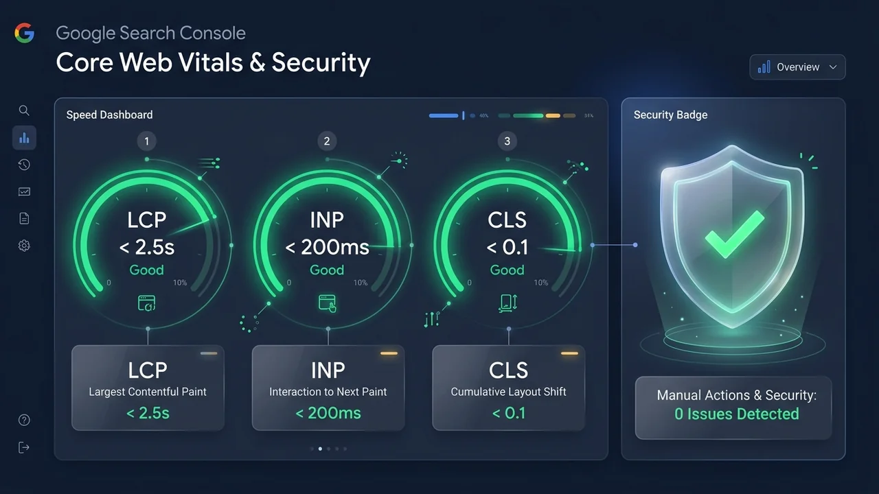 Đo Lường Core Web Vitals Và Bảo Mật An Toàn Trên Google Search Console Đo lường chỉ số thiết yếu về trang web Core Web Vitals LCP INP CLS và kiểm soát tác vụ thủ công Manual Actions