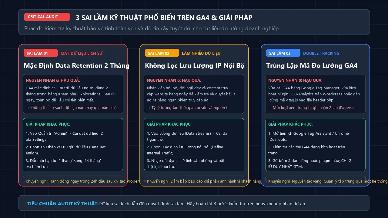 Khắc Phục 3 Sai Lầm Kỹ Thuật Nghiêm Trọng Trên Google Analytics 4 Bảng kiểm tra 3 sai lầm kỹ thuật phổ biến trên GA4 gồm hạn mức lưu trữ 14 tháng lọc IP nội bộ và trùng mã theo dõi