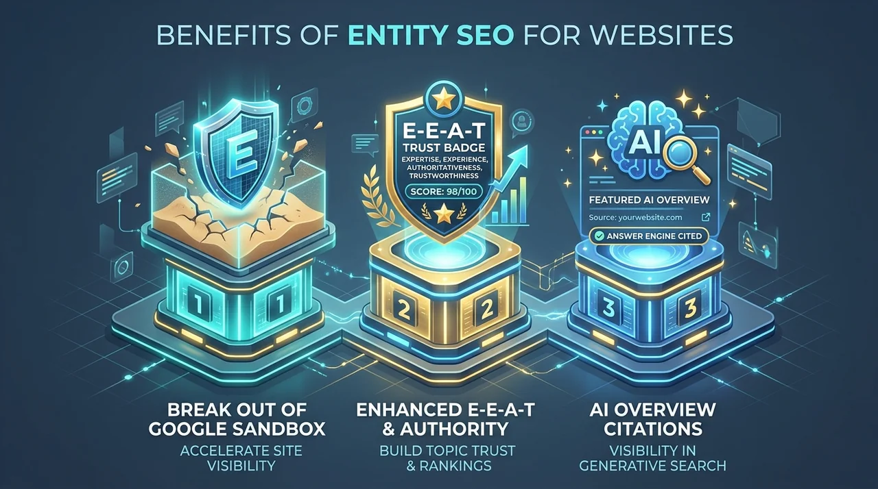 3 Trụ Cột Lợi Ích Của Entity SEO: Sandbox, E-E-A-T và AI Search - Trần Tiến Duy Lợi ích của Entity SEO giúp website vượt Sandbox củng cố E-E-A-T và tối ưu hiển thị AI Overview