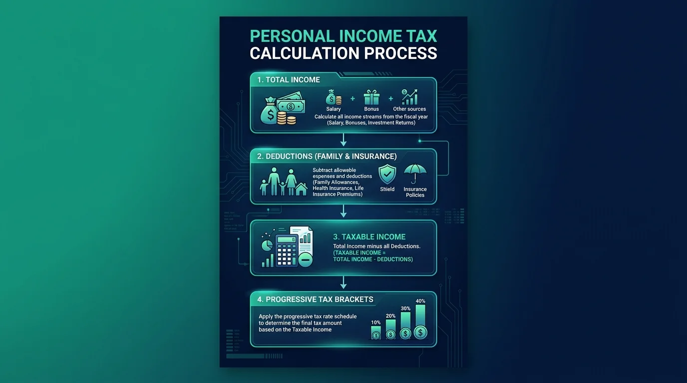 Cách tính thuế Thu nhập cá nhân chuẩn xác & Công cụ tính online 2026 2 Sơ đồ quy trình 4 bước tính thuế thu nhập cá nhân từ tiền lương tiền công