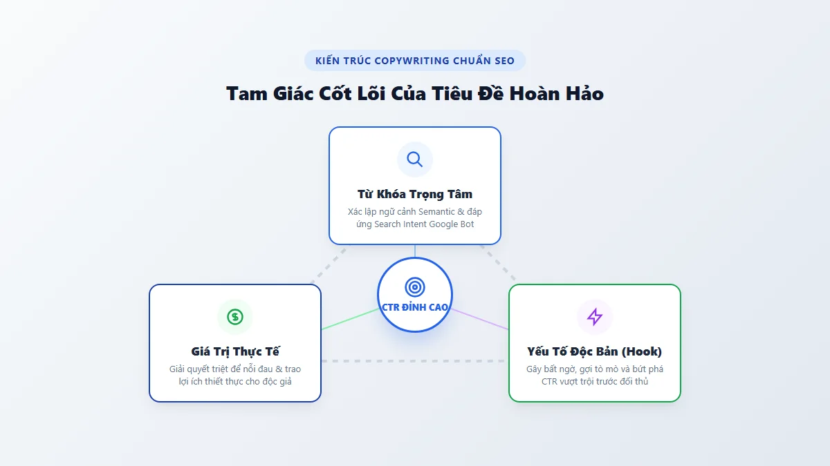 Công Thức Viết Tiêu Đề: 10 Mẫu Tăng CTR Đỉnh Cao Cho SEO Copywriting 3 Mô hình tam giác cốt lõi cấu thành tiêu đề hoàn hảo gồm Từ khóa chính Lợi ích thực tế và Hook độc bản