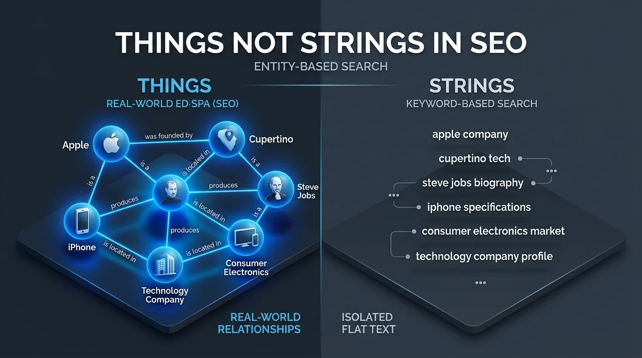 Mô Hình Things Not Strings Trong Entity SEO - Trần Tiến Duy Mô hình đối chiếu Things not strings trong Entity SEO kết nối thực thể mạng ngữ nghĩa