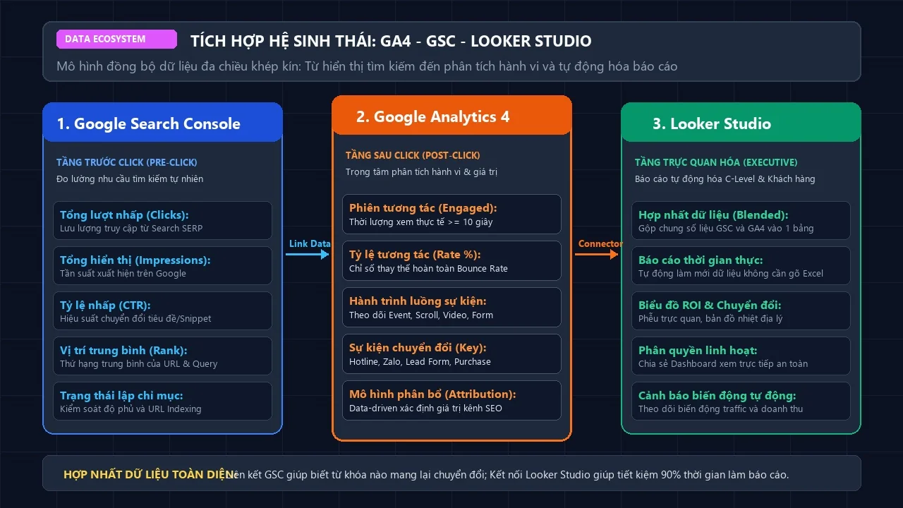 Tích Hợp Hệ Sinh Thái Dữ Liệu GA4 Google Search Console Và Looker Studio Sơ đồ liên kết dữ liệu giữa Google Analytics 4 Google Search Console và tự động hóa báo cáo trên Looker Studio
