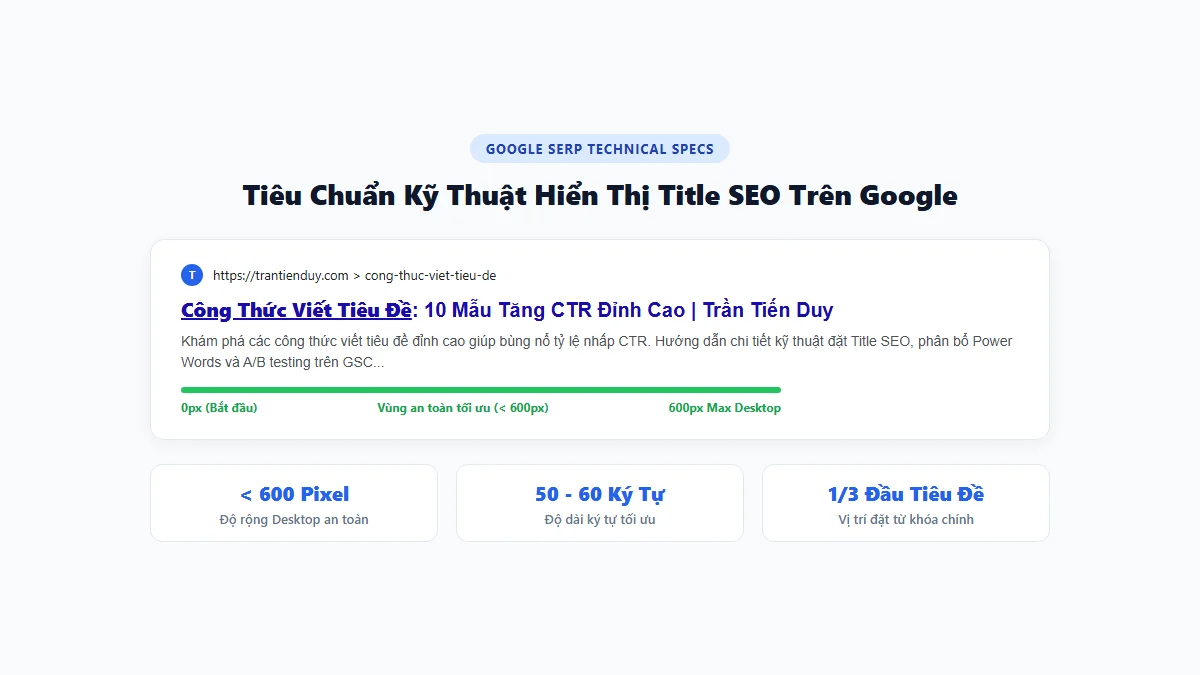 Công Thức Viết Tiêu Đề: 10 Mẫu Tăng CTR Đỉnh Cao Cho SEO Copywriting 6 Tiêu chuẩn kỹ thuật hiển thị Title SEO trên Google SERP độ rộng dưới 600 pixel
