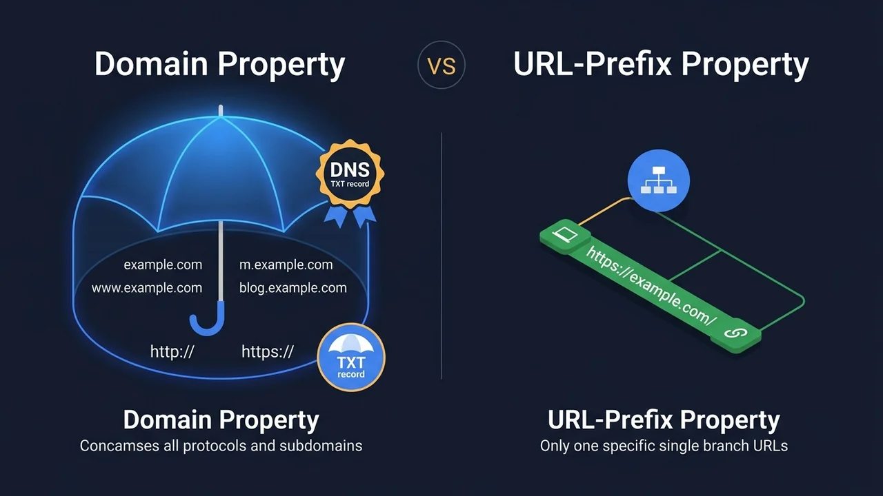 Xác Minh Domain Property vs URL Prefix Trong Google Search Console Sơ đồ so sánh xác minh thuộc tính Miền Domain Property và Tiền tố URL Prefix Google Search Console